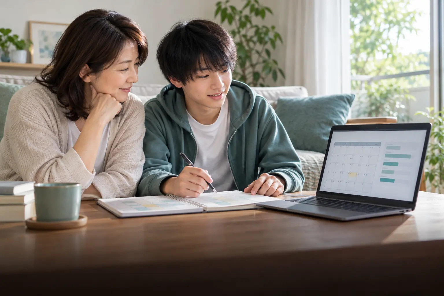 自宅で保護者と週間計画を整理するイメージ